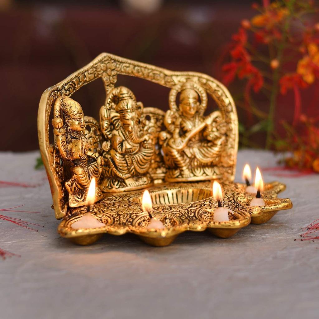 Laxmi Ganesh Saraswati Idol Diya Oil Lamp Deepak - Metal Lakshmi Ganesha Showpiece Statue - Traditional Diya for Diwali Puja - Diwali Home