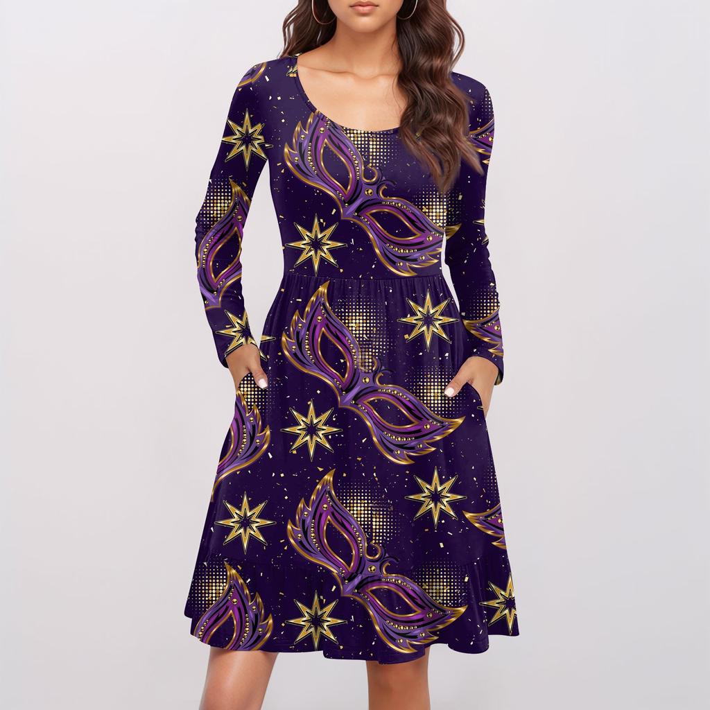 Damen Freizeitkleid mit Rundhalsausschnitt und langen Ärmeln, Karnevalsprint, lockere Taille, plissiertes Kleid