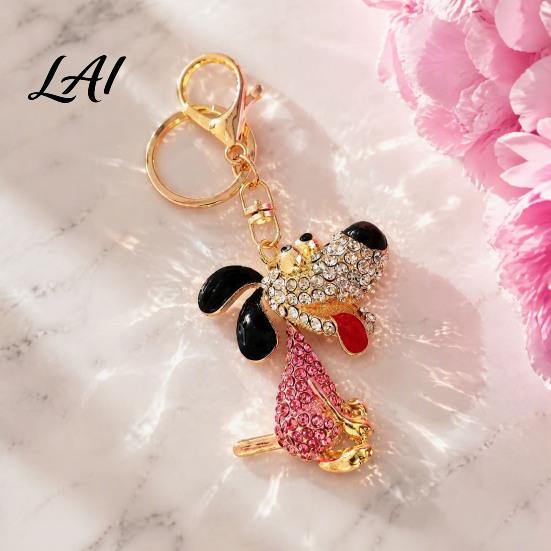 Sparkling Puppy Pendant Rhinestone Dog Keychain Backpack Purse Bag Charm with Lobster Zinc Alloy Key Holder Clasp Golden Plated Keyring Decorative