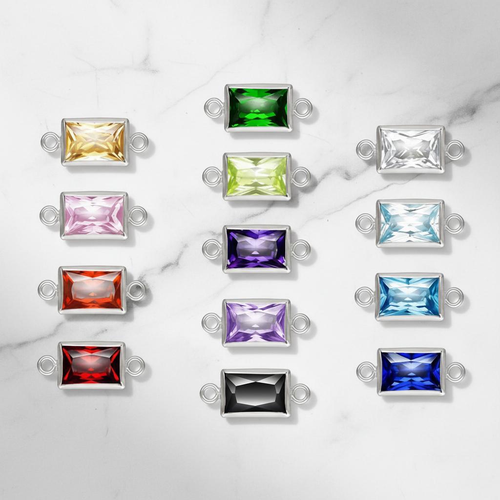 G600077 925 Sterling Silver Double Ring Rectangular Zircon Punk Style Connection Birthstone 3x5 mm белый