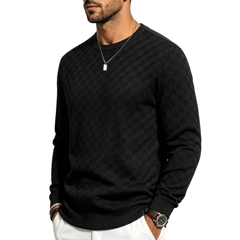 Men S Round Neck Long Sleeve Knitted Sweater Checkered Jacquard Casual Pullover
