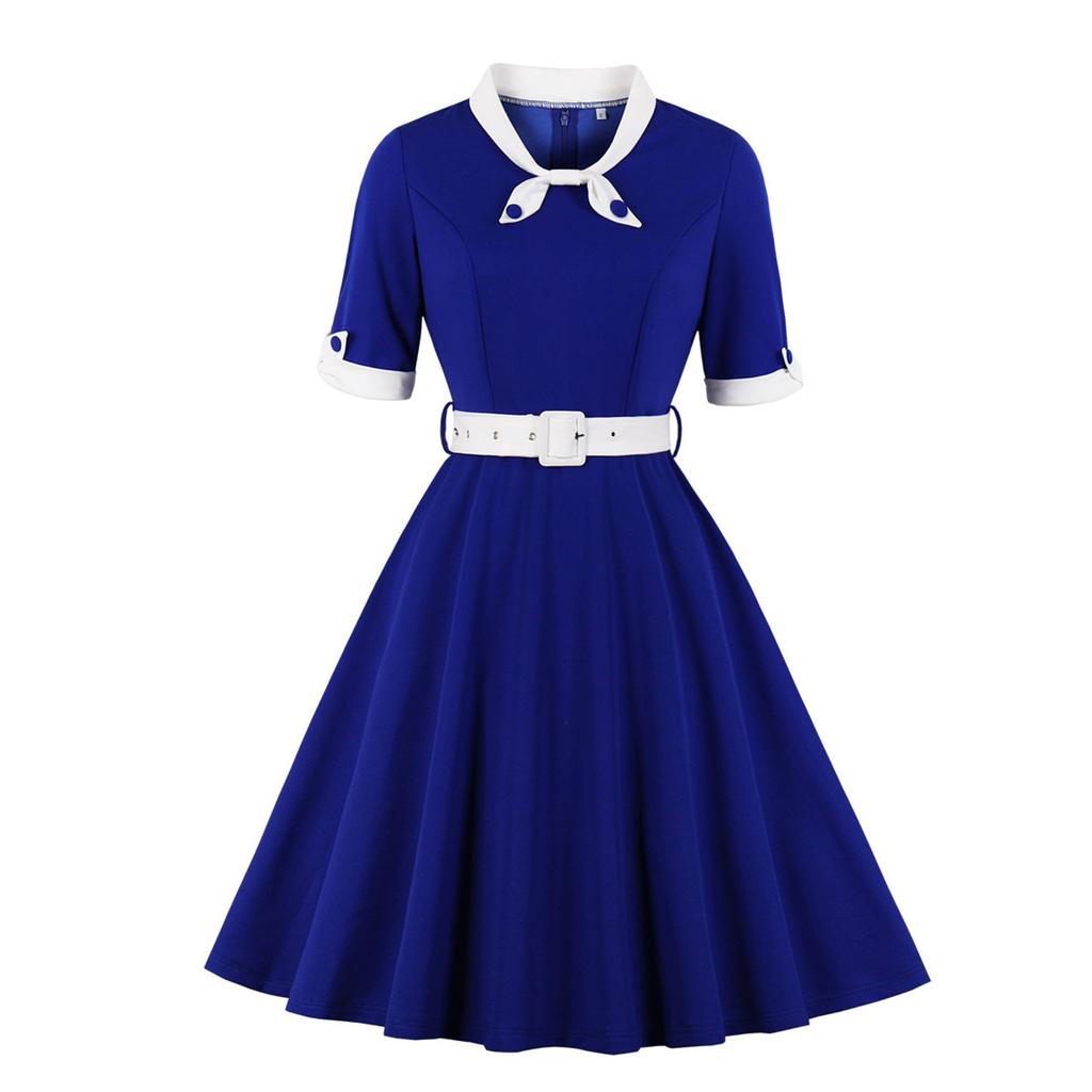 Women's V-neck Slim-fitting Short-sleeved Retro Dress With Big Swing Skirt