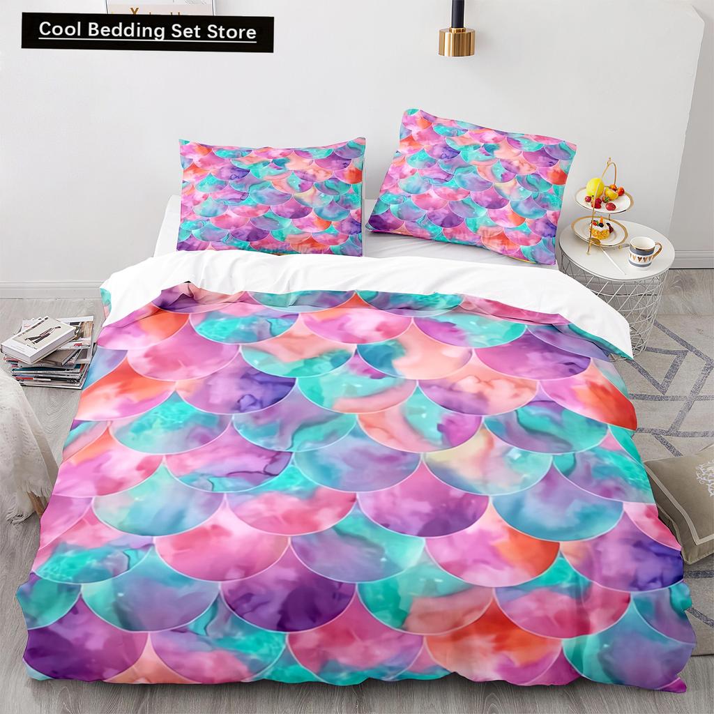 Mermaid Tail Duvet Cover King Queen Size Kids Fish Scales Bedding Set Girly Ocean Animal Princess 2/3pcs Polyester Quilt Cover