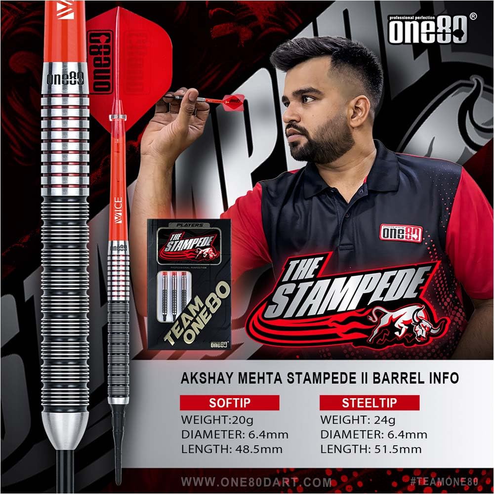 One80 THE STAMPEDE STEEL 24g Akshay Mehta Player Model Dart Barrel Dart Set Ver.2