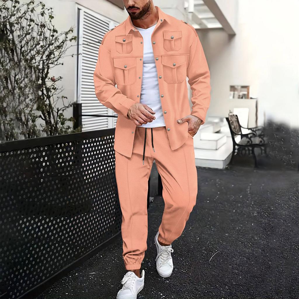Men's Long Sleeved Work Shirt With Multiple Pockets And Trousers  Casual Two Piece Suit  Casual And Versatile