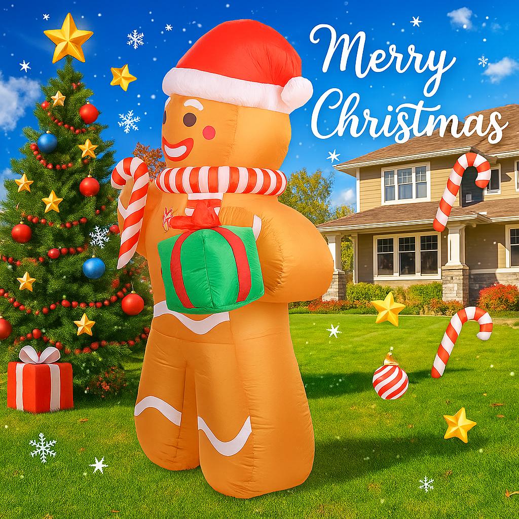 7.87FT Inflatable Toy Gingerbread Man Candy Cane Gift Xmas Yard Lawn Party Decoration with LED Lit Christmas Home Supplies Gift