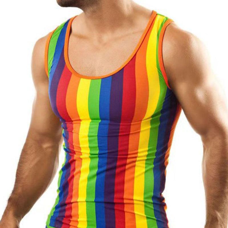 

New Men s Outdoor Sports Rainbow Striped Vest Halter Hot Spring Vest Vacation Beach Surf Top XXL