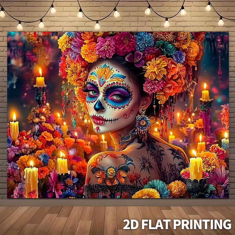2D Colorful Sugar Skull Woman Tapestry for Day of the Dead Decor 47.2x31.5inch/120*80cm