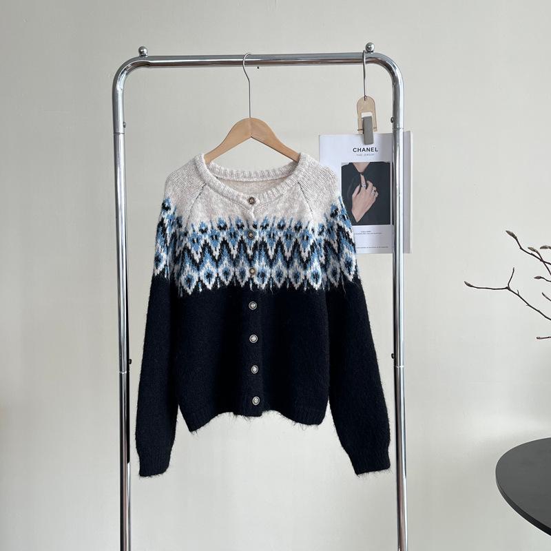 Women's Retro Fair Isle Color Block Knit Cardigan - Korean Style, Thick and Cozy for Autumn/Winter