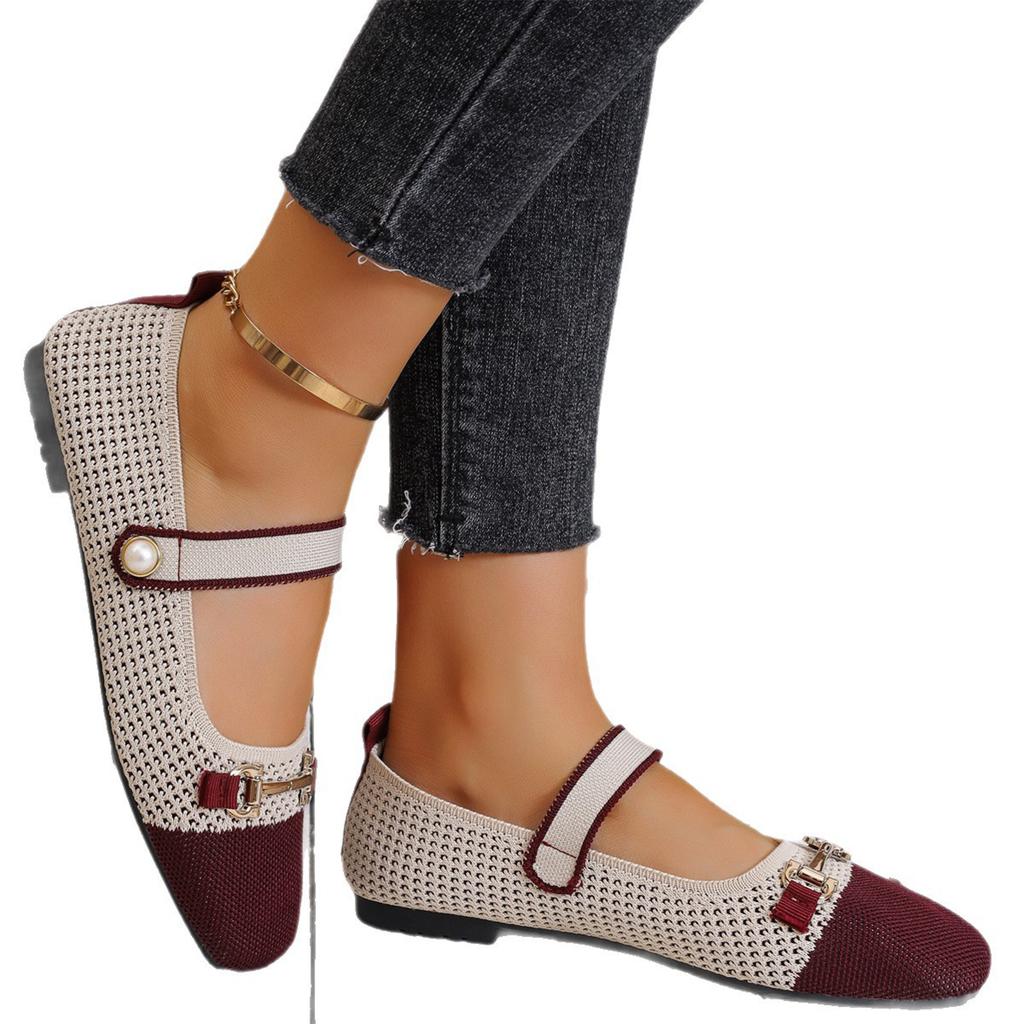 Knitted Square Toe Flat Mary Jane Shoes with Single Buckle Strap Comfortable Lightweight Casual Footwear for Women
