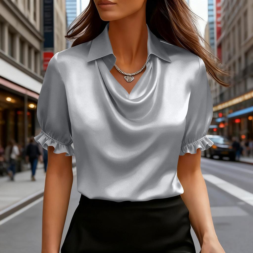 Women's Fashionable Lapel Short Sleeved Temperament Pullover Shirt Top