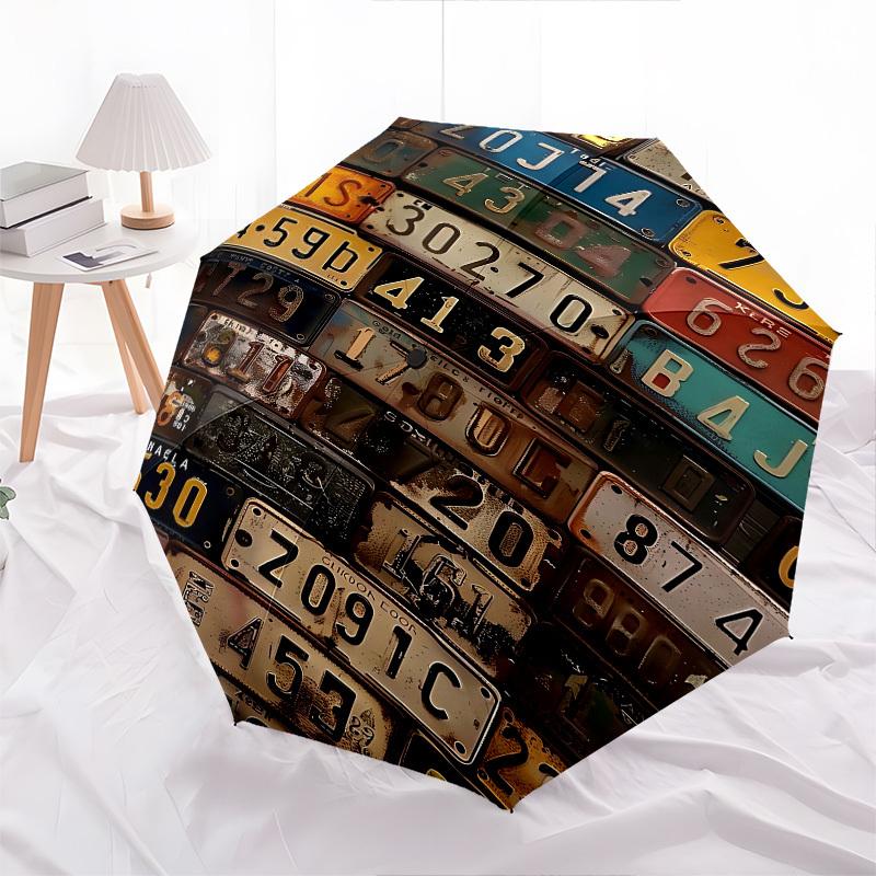 License plates, Background Themed Automatic Opening and Closing Umbrella, Brightly Colored 8-rib Portable Umbrella, Suitable for Men and Wom