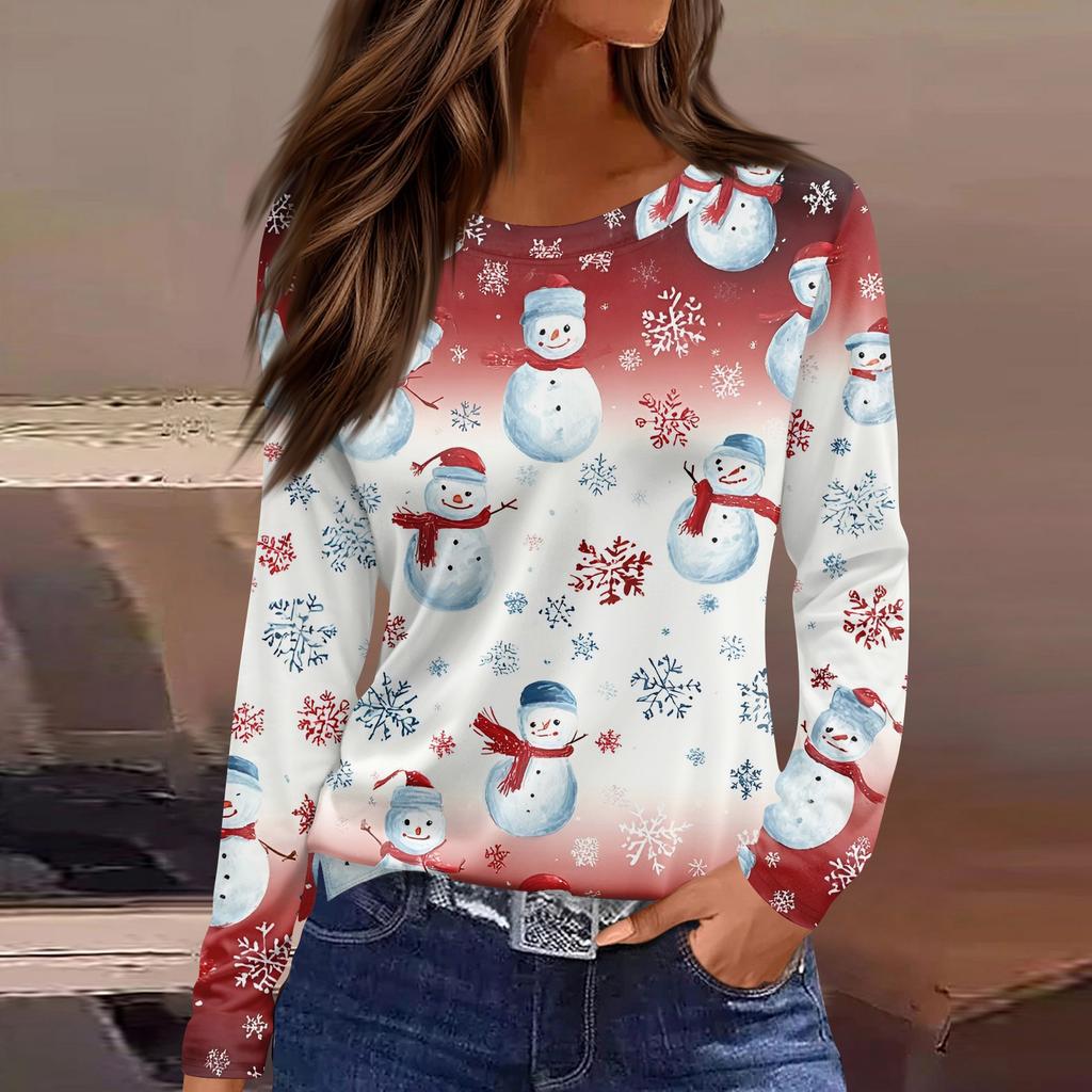 Women's Fashion Casual Slit Hem Round Neck Long Sleeve Loose Christmas Printed T-Shirt Ladies Top