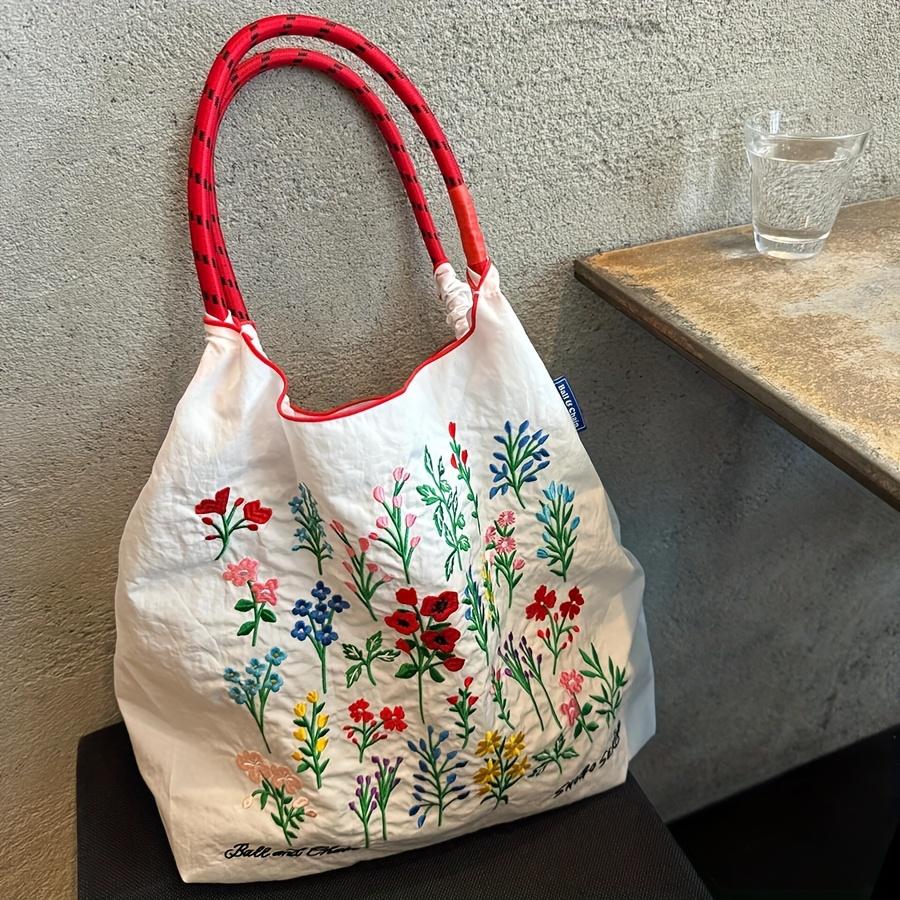 Women's Sweet Style Embroidered Floral Tote Bag - Large Capacity Lightweight Shoulder Bag with Drawstring Closure, Floral Design for Shopping Bag