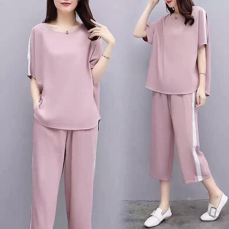 2 Pcs/Set Women T-shirt Pants Set Short Sleeves Loose Elastic Waist Sports Pockets Cropped Pants Top Suit Female Clothing