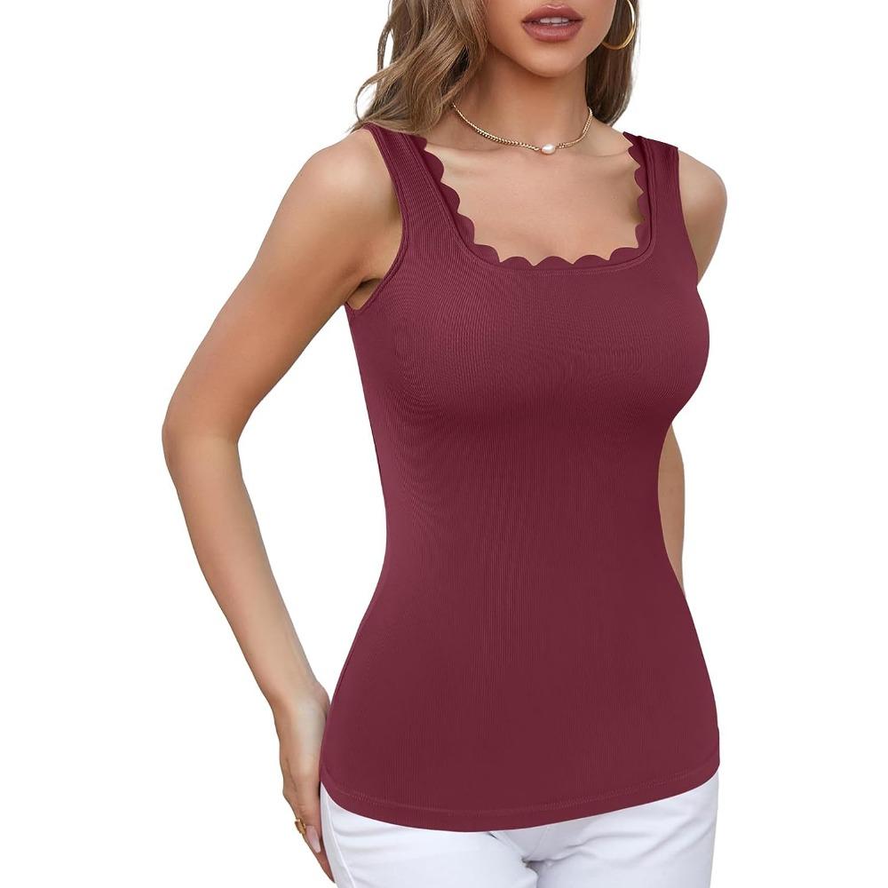 Attraco Built In Bras Tank Top for Women Square Neck Scallop Trim Camisole Summer Sleeveless Ribbed Cami Top