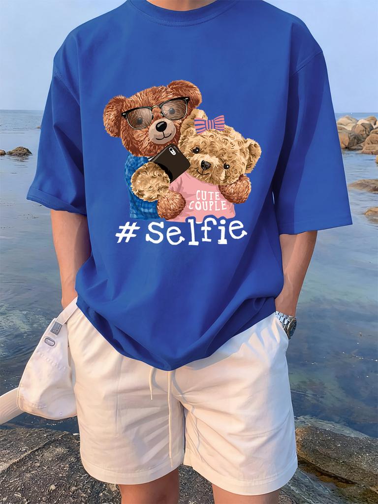 Cute Couple Bears Selfie Printing TShirts Womens Summer Cotton Short Sleeve Tees Loose ONeck Comfortable Tops Casual Clothes