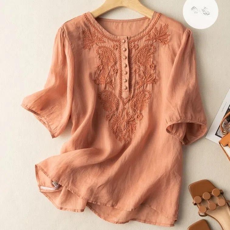 Dámský top s krátkým rukávem, uměleckým retro volným designem a vyšívaným kulatým výstřihem, tenký bavlněný a lněný