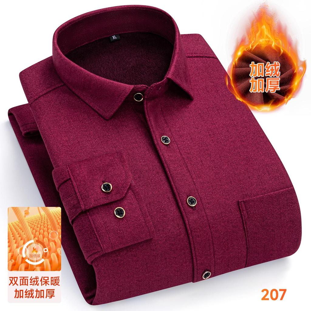 Thickened Long Sleeve Men's Shirt Winter Warm Elastic Fleece Lined One Piece Velvet Plaid Dad Clothes Middle Age Shirt