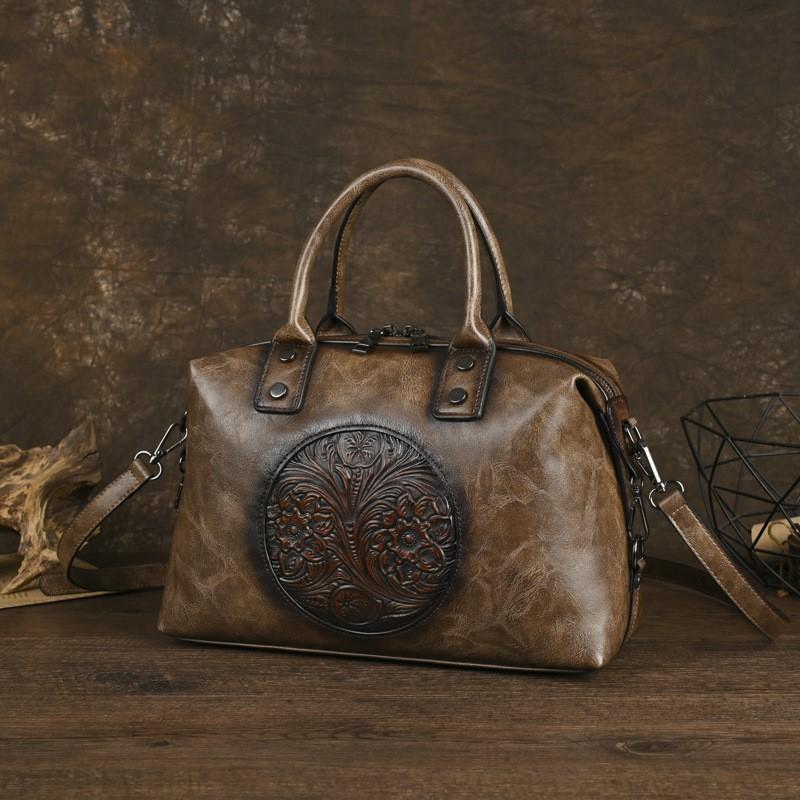 

Johnature Винтажная Сумка Ручной работы с Тиснением Женская Сумка Большой Вместимости из Натуральной Коровьей Кожи Универсальные Сумки через Плечо и Кроссбоди кофейный