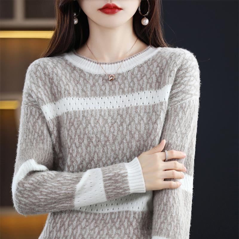 

Осенняя ажурная вязаная базовая рубашка женская тонкая свободная с круглым вырезом свитер топ короткий пуловер с длинными рукавами универсальный One Size верблюд