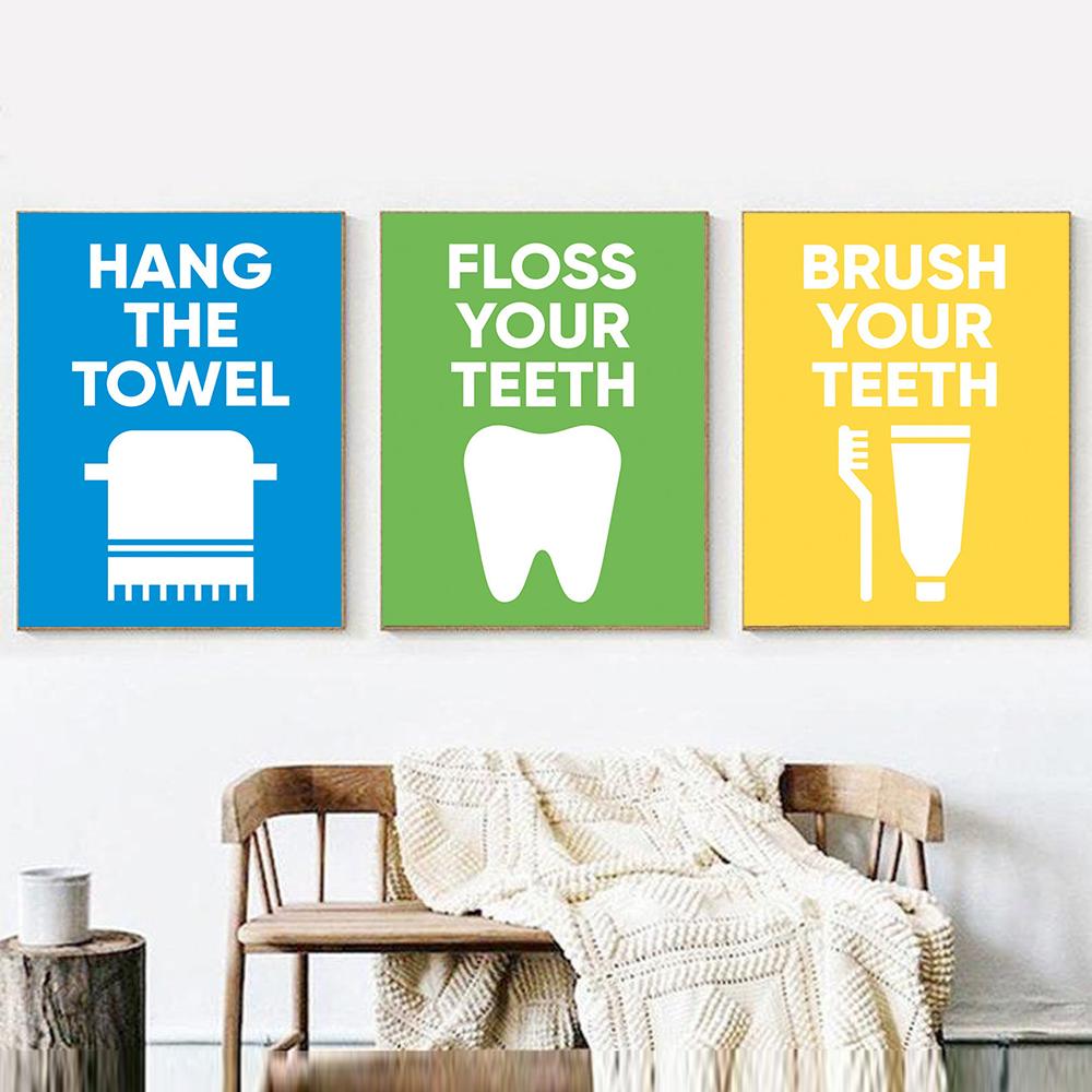 Kids Bathroom Rules Posters and Prints Wash Brush Floss Flush Canvas Painting Colorful Wall Pictures for Living Room Home Decor