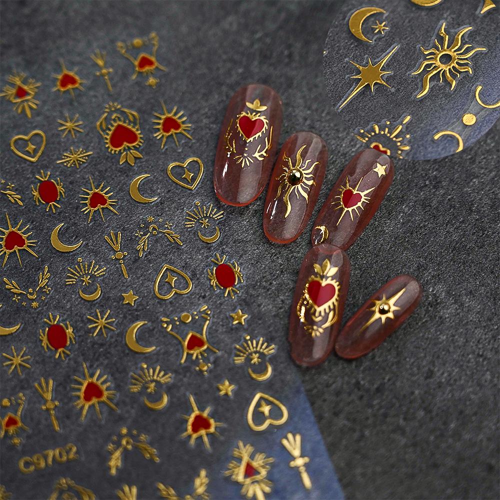 1pcs 3D Bronzing Gold Love Nail Art Stickers Holographic Stars Sun Starlight DIY Nail Decals Manicure Decoration