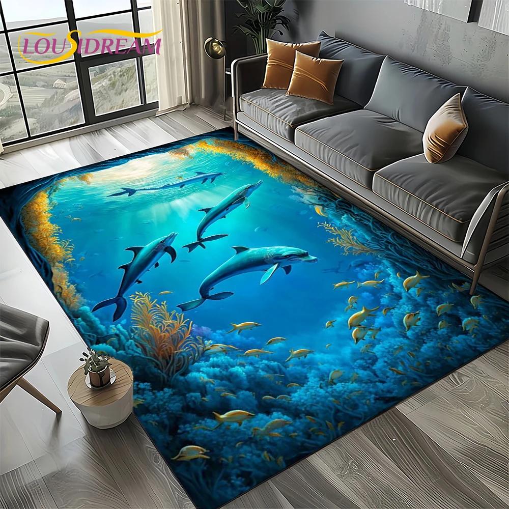 Underwater World 3D Illusion Seabed Cartoon Shark Dolphin Carpet Rug for Living Room Bedroom Home Sofa Decoration,Floor Mat Kid