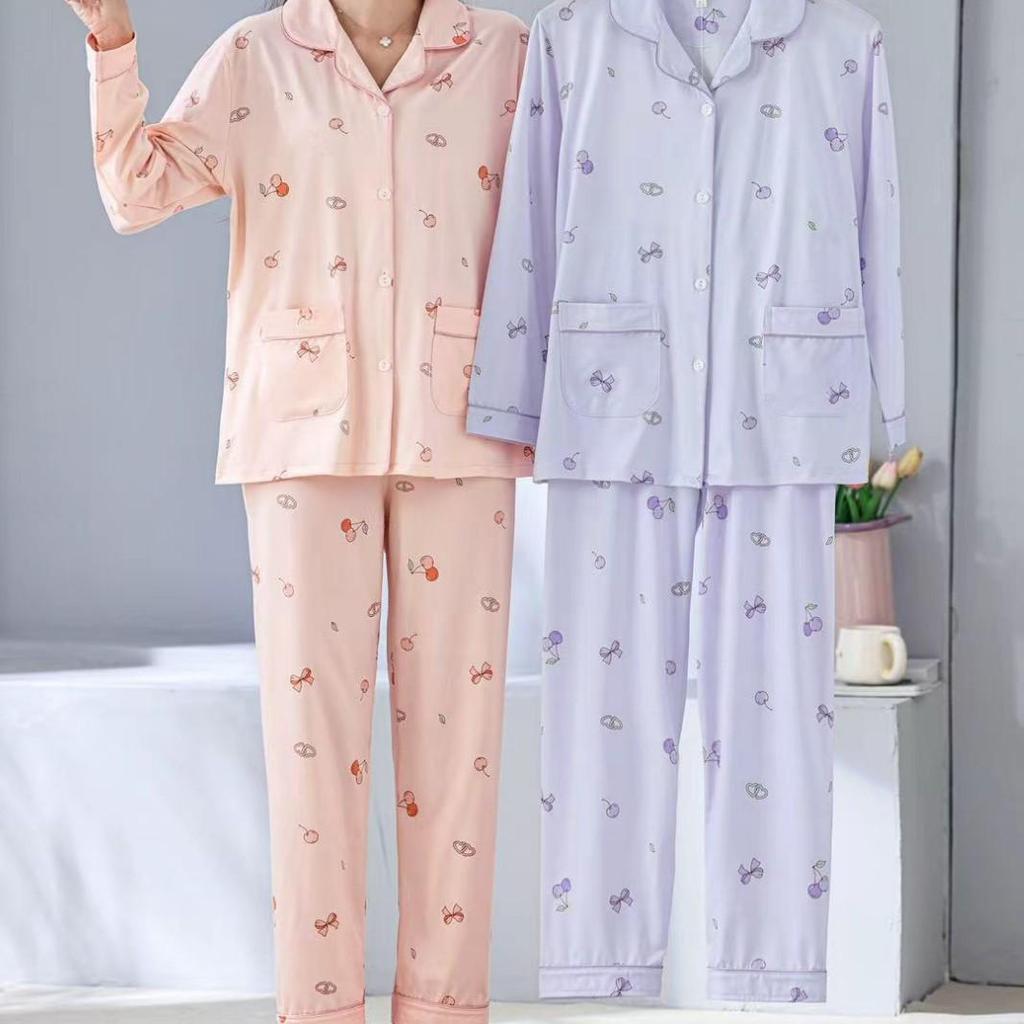 Dingdang Guifei Women's Comfy Two-Piece Pajamas Set: Turn-Down Collar, Long Sleeve Top & Pants for Autumn/Winter