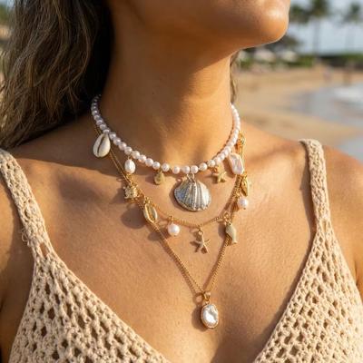 Boho Starfish Shell Rice Beads Clavicle Necklace for Women Luxury Imitation Pearl Conch Sun Layered Chain Party Jewelry Gift