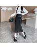 Elegant Women's Mid-Length Spliced Leather Skirt with Back Slit - High-Waist Autumn/Winter Pencil Skirt