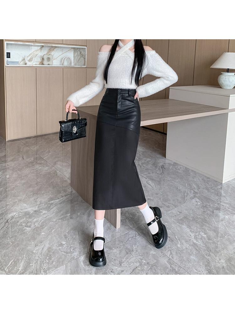 Elegant Women's Mid-Length Spliced Leather Skirt with Back Slit - High-Waist Autumn/Winter Pencil Skirt