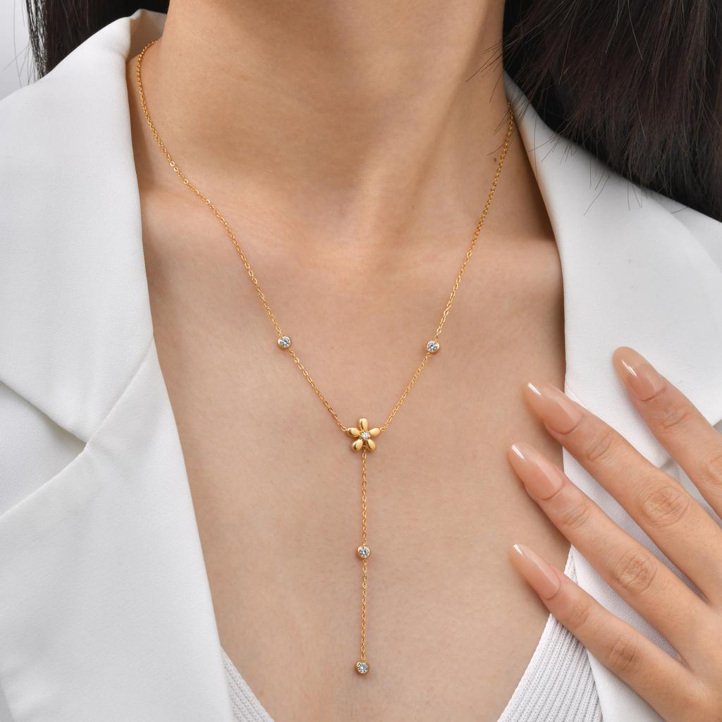 Accessories Stainless Steel Flower Y-Shaped Necklace, Exquisite Versatile Women'S Daily Versatile Accessories 2504