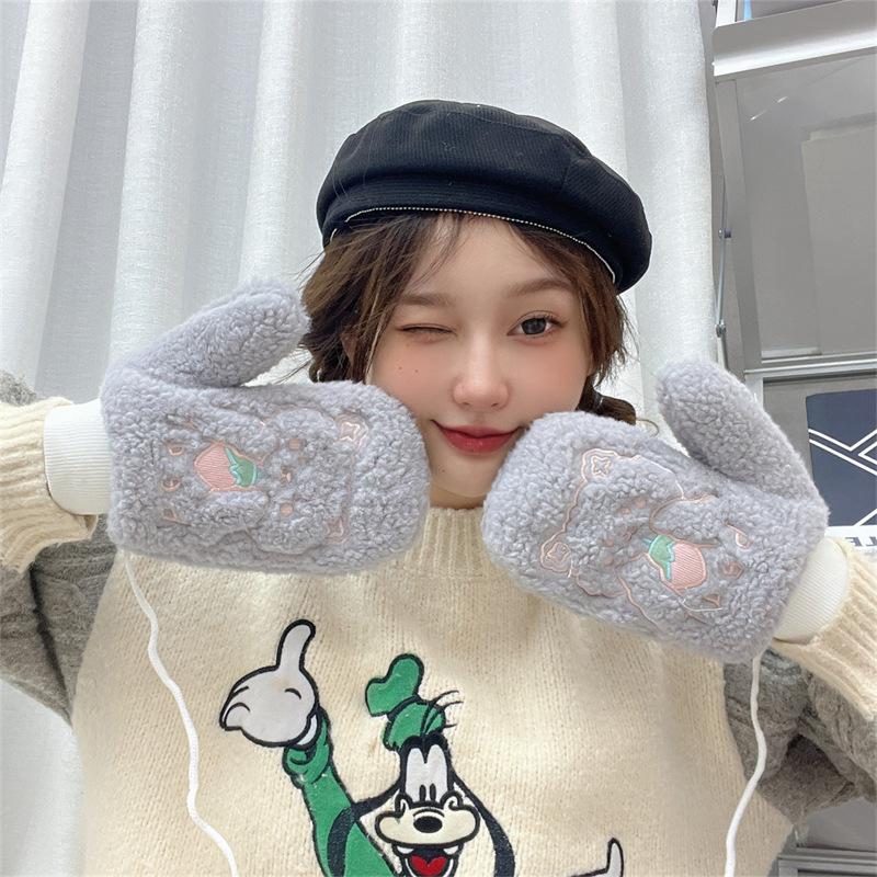 

Зимние перчатки больших размеров с подкладкой, вышитые перчатки с изображением клубничного медведя, утепленные перчатки для девочек, закрывающие пальцы и шею one size серый