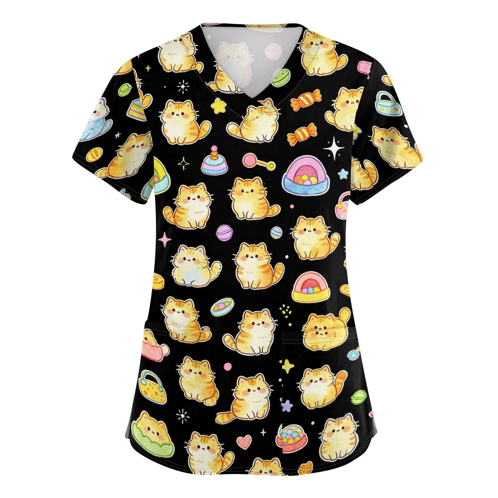 

Women V Neck Short Sleeve Work Top with Pockets Animal Print Medical Scrub Shirt for Healthcare Professionals Nursing Uniform XXXL чёрный