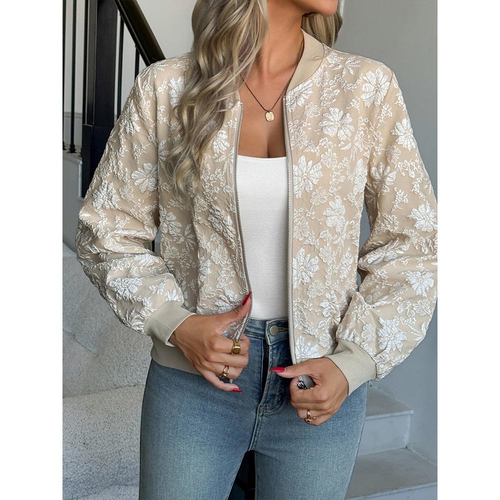 Women's Floral Bomber Jacket Trendy Fall Long Sleeve Zip Cropped Sweatshirt Casual Coat Sweater Outwear