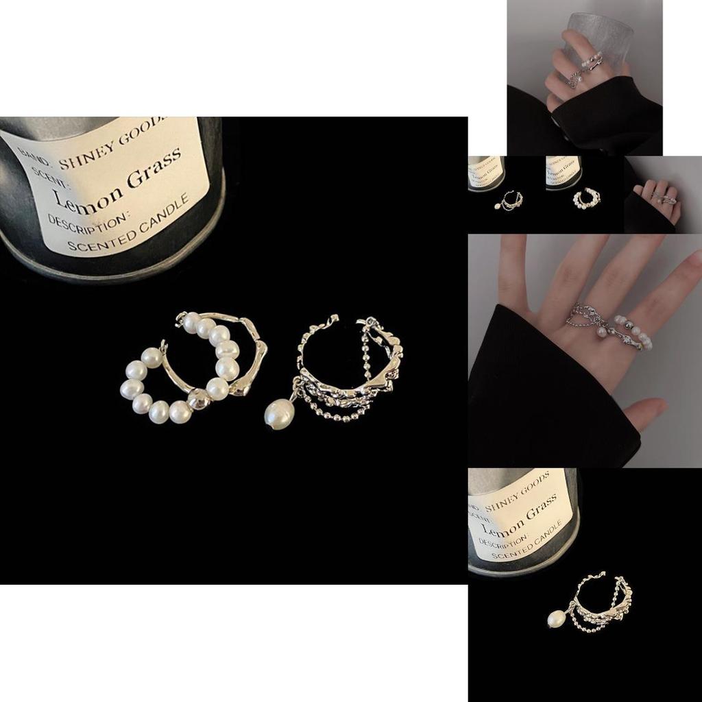 Stylish Geometric Design Pearl Chain Tassel Ring For Women Adjustable Size
