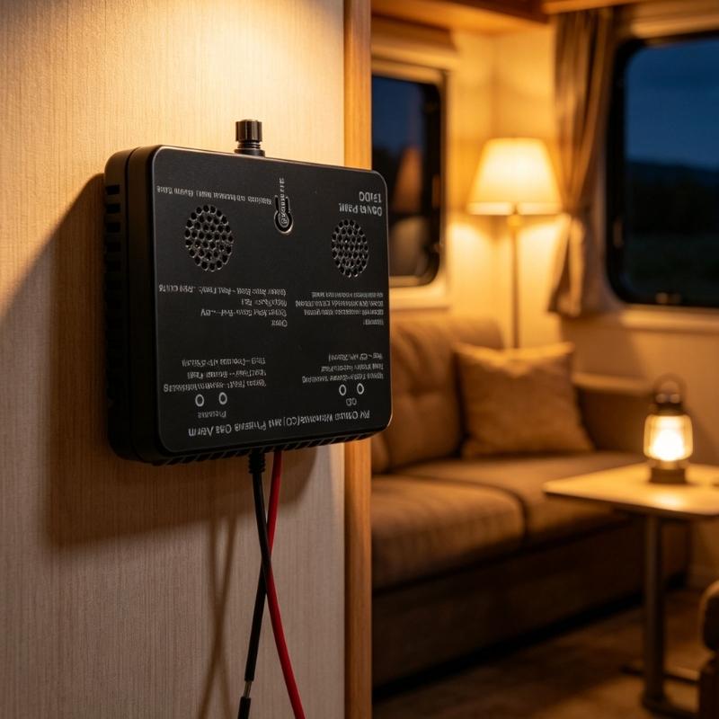Metal Housing Gas Monitor for Motorhomes with Face-Mounted Test/Silence Control, 2 Side Openings, Red and Black Cables, and Installation Tool
