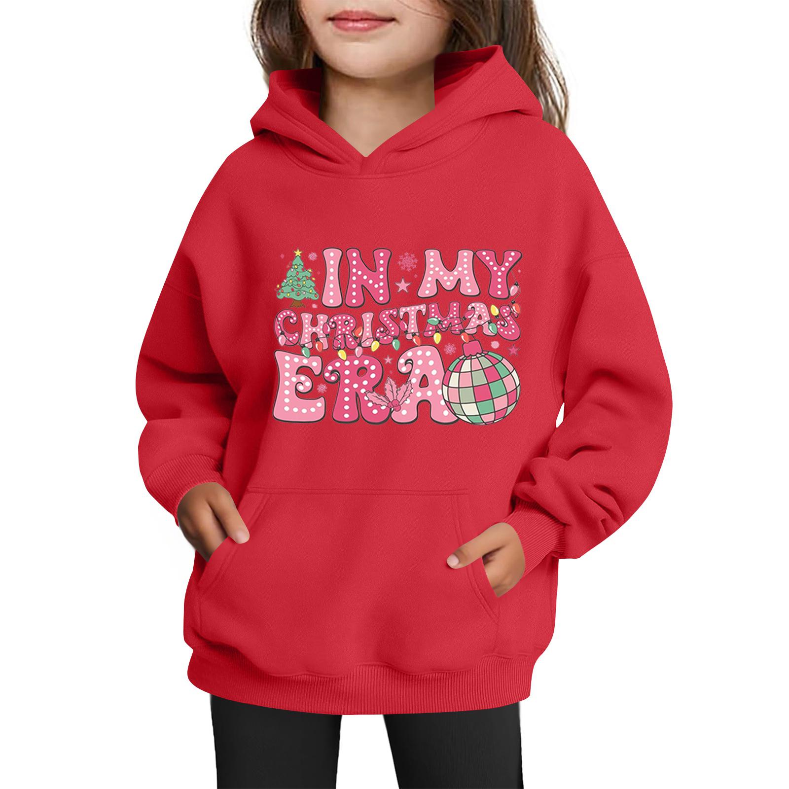 

Толстовки для девочек-подростков Худи с длинным рукавом на шнурке Пуловер Милое принтованное Худи оверсайз Рождество 110 красный