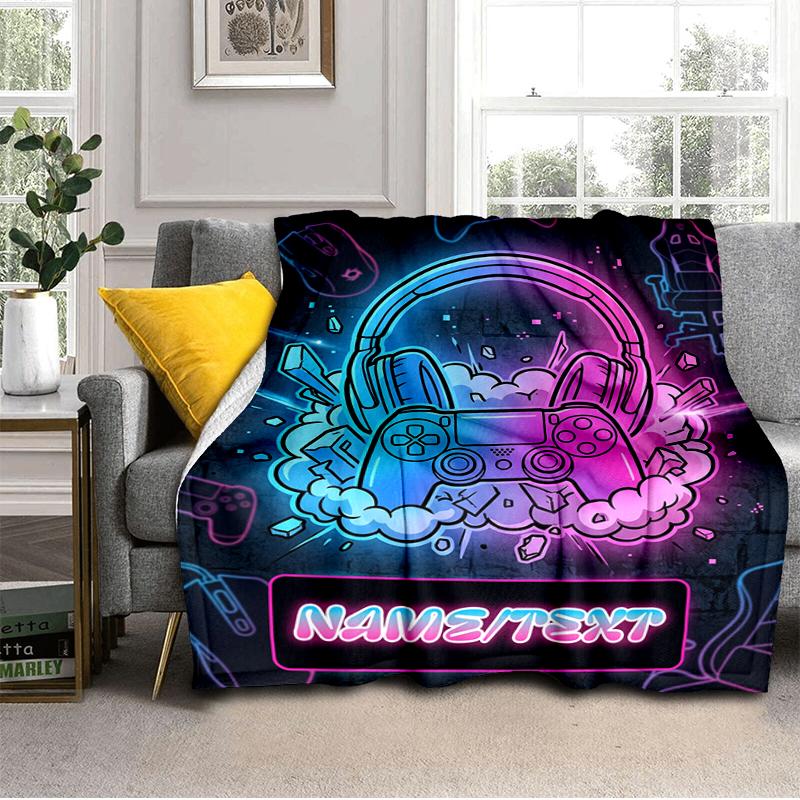 1PC Custom Name Gamer Neon Vibes flannel blanket versatile,all-season throw suitable for the living room,bedroom,camping,travel,and gift