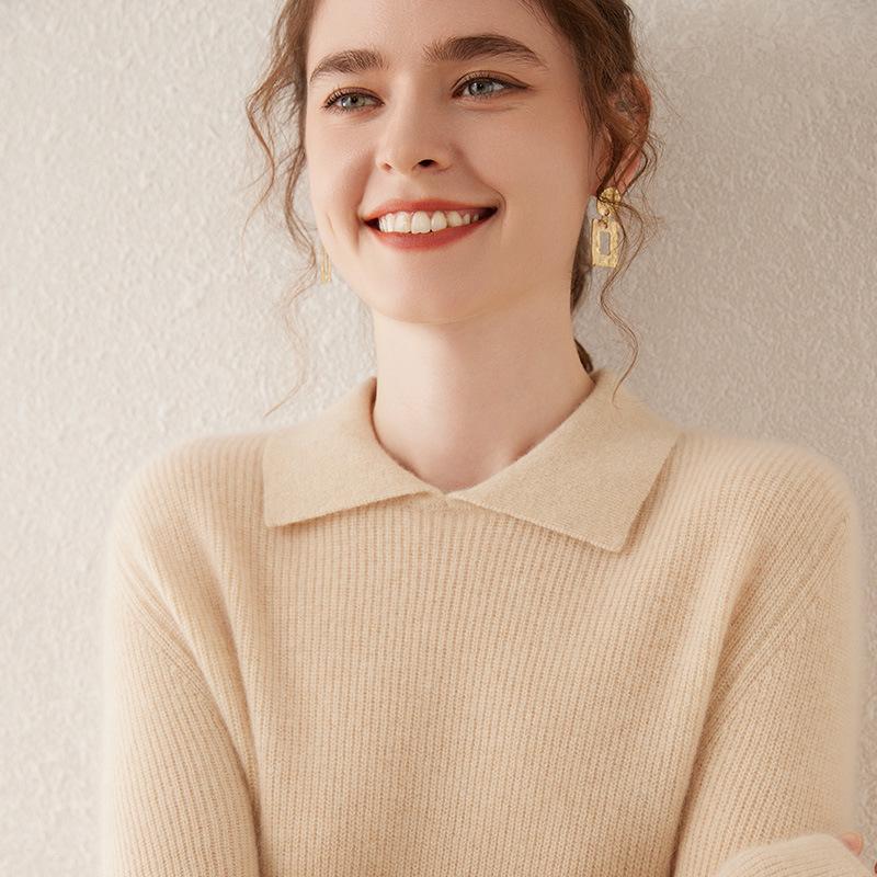 Women's Slimming Versatile Cashmere Polo Neck Pullover with Slit Lapel and Long Sleeves