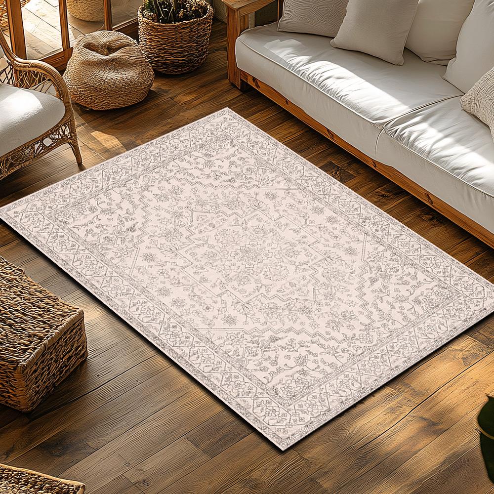 Light Bohemian Area Rug, Floral Pattern Non-Slip Carpet, Natural Living Room Mat for Cozy Home Decor