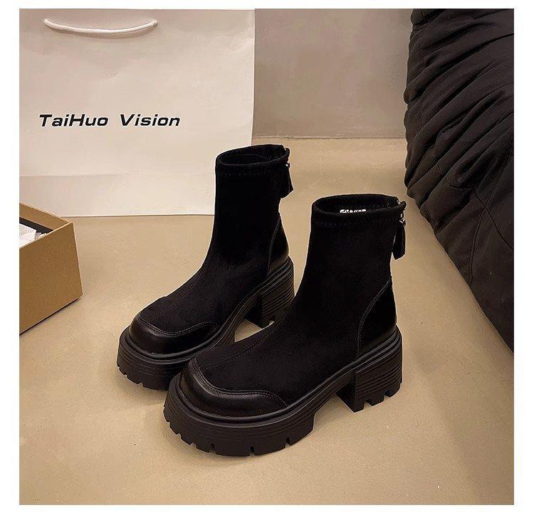 Retro Martin Boots Women's British Style 2025 Autumn and Winter New Small Thick-soled Heightened Black Thick Heel Thin Short Boots