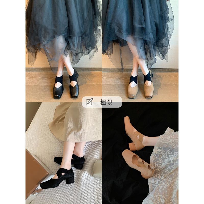 Sheepskin High Heel Single Shoes Women's Vintage Cross Strap Mary Jane Shoes Square Head Pig Nose Thick Heel Ballet Shoes