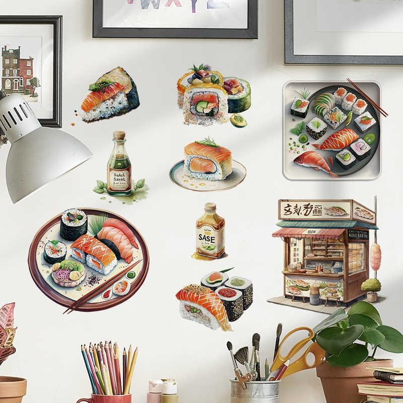 Japanese Food Sushi Sticker 3D Japanese Style Sushi Restaurant Background Wall Decor Window Glass Door Wall Decor Sticker