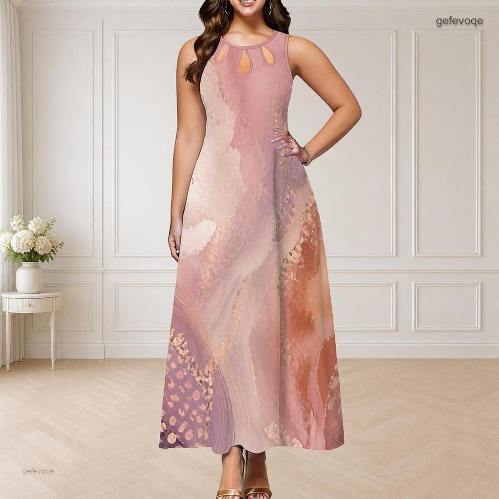 Women Plus Size Round Neck Triple Keyhole Sleeveless Blue Marble Printed Long Dress