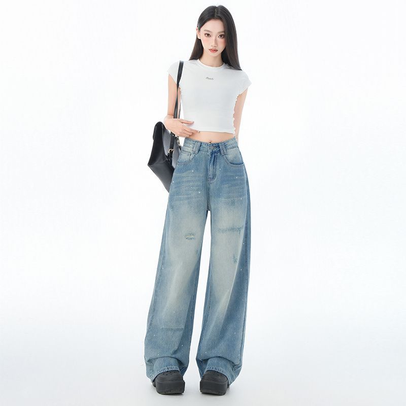 

Niche Design Sense Glitter Powder Craft Wide-leg Jeans for Women In Summer Thin High Waist Loose Straight Floor Ripped Pants XXL