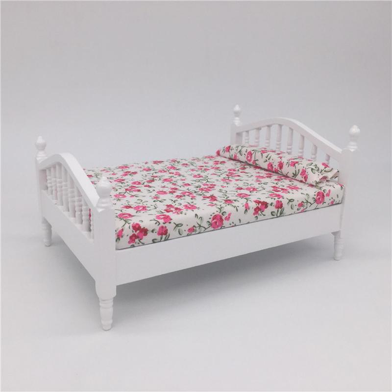 1:12 Mini Dollhouse Furniture Fresh Rose Bedroom Linen Double Bed Bedroom Mini Furniture
