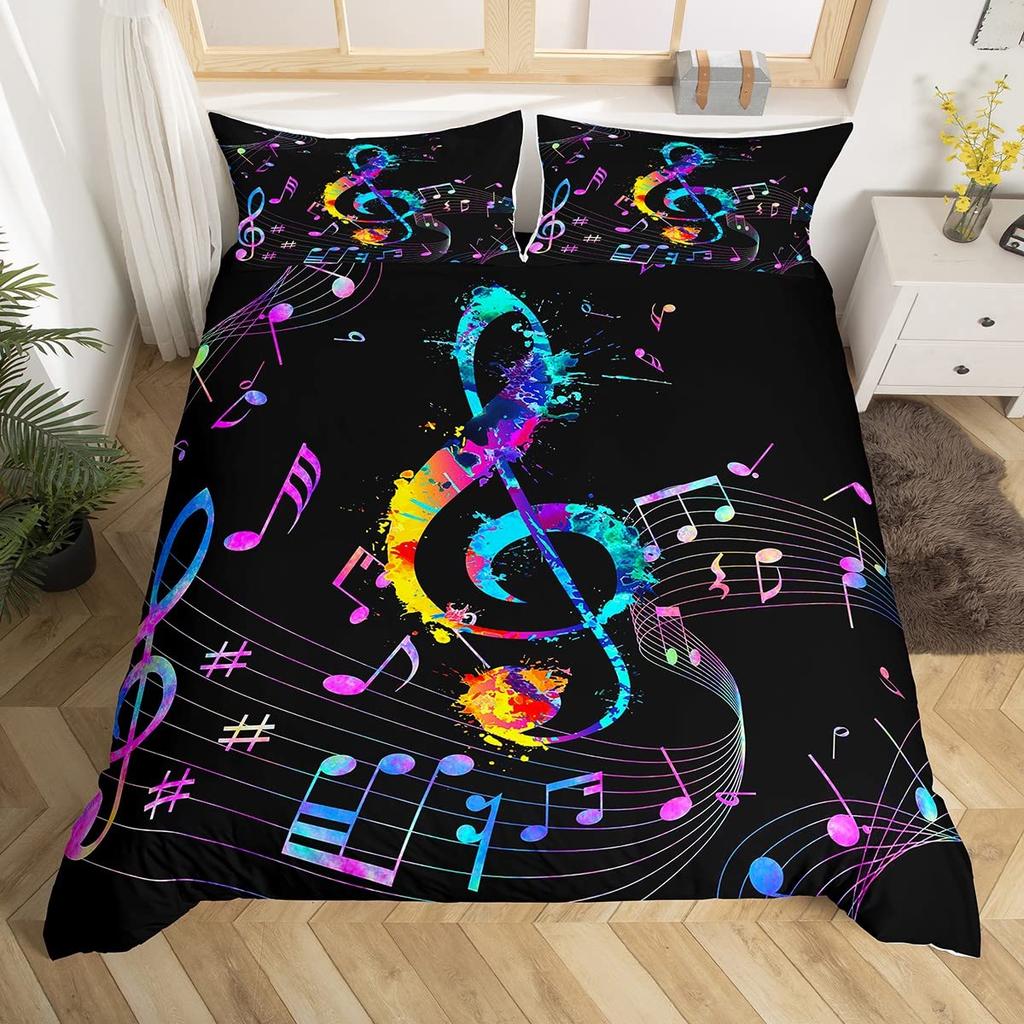 Musical Note Bedding Set Queen,Black White Comforter Cover Girls,Kids Piano Duvet Cover Set Music Theme Bedspread Cover