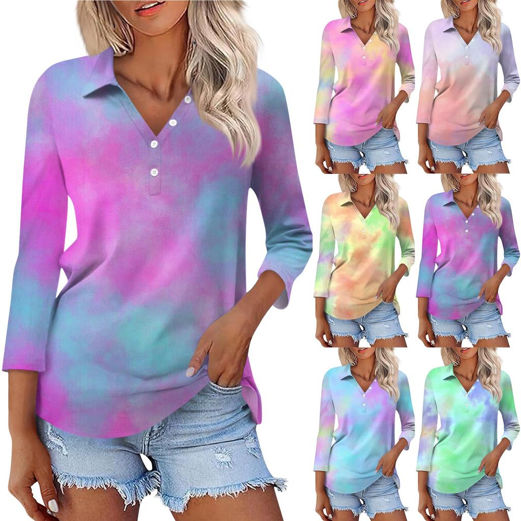 Dámská móda Ležérní knoflíková halenka s tříčtvrtečním rukávem a pruhovaným potiskem s klopami